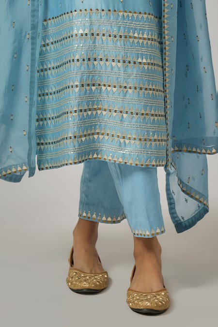 Priyal Prakash_Sky Blue Chanderi, Cotton, Viscose, Organza Sequins, Zari, Hand Kurta Set _at_Aza_Fashions