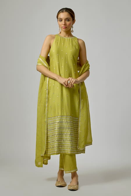 Shop_Priyal Prakash_Green Viscose, Organza Embroidery, Sequins Halter Neck Hand Kurta Set _Online_at_Aza_Fashions
