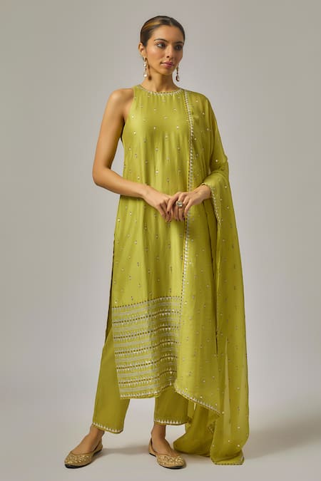 Priyal Prakash Green Viscose, Organza Embroidery, Sequins Halter Neck Hand Kurta Set 