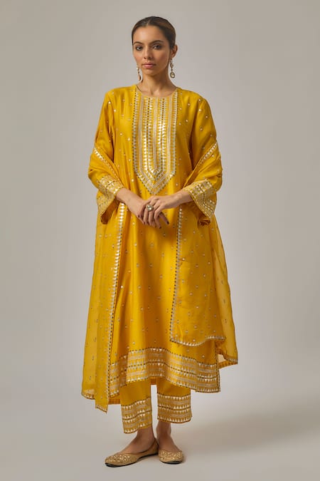 Priyal Prakash Yellow Chanderi, Cotton, Viscose, Organza Embroidery, Straight Kurta Set