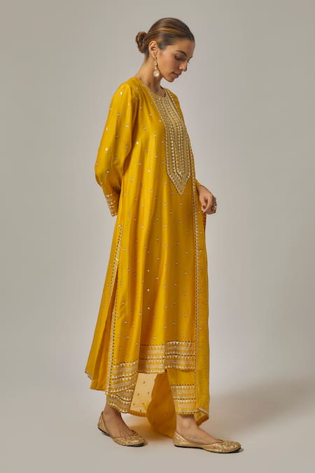 Priyal Prakash_Yellow Chanderi, Cotton, Viscose, Organza Embroidery, Straight Kurta Set _Online_at_Aza_Fashions
