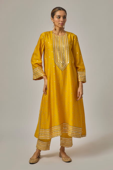 Buy_Priyal Prakash_Yellow Chanderi, Cotton, Viscose, Organza Embroidery, Straight Kurta Set _Online_at_Aza_Fashions