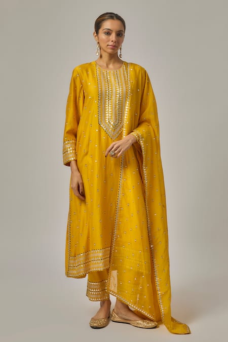 Priyal Prakash_Yellow Chanderi, Cotton, Viscose, Organza Embroidery, Straight Kurta Set _at_Aza_Fashions