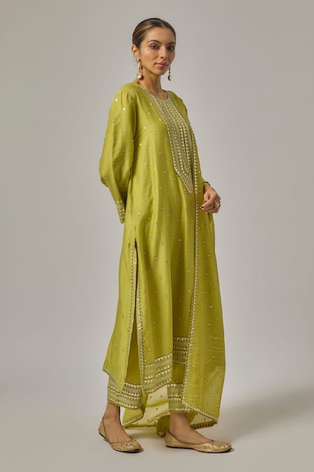 Priyal Prakash_Green Chanderi, Cotton, Viscose, Organza Sequins, Embroidery Round Kurta Set _Online_at_Aza_Fashions