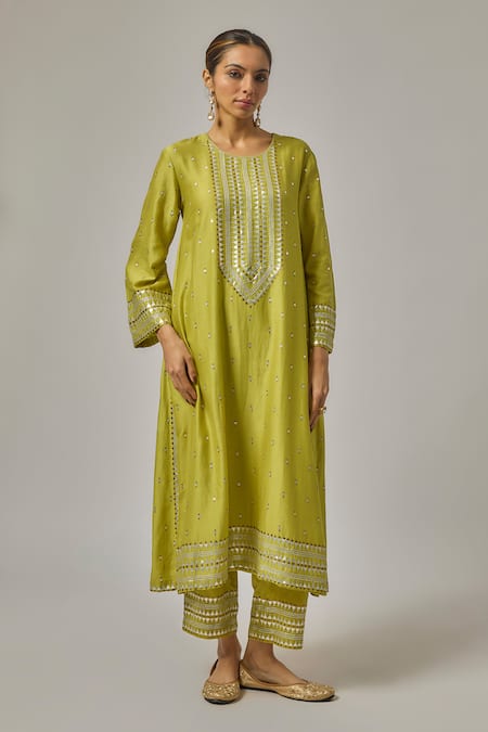 Buy_Priyal Prakash_Green Chanderi, Cotton, Viscose, Organza Sequins, Embroidery Round Kurta Set _Online_at_Aza_Fashions