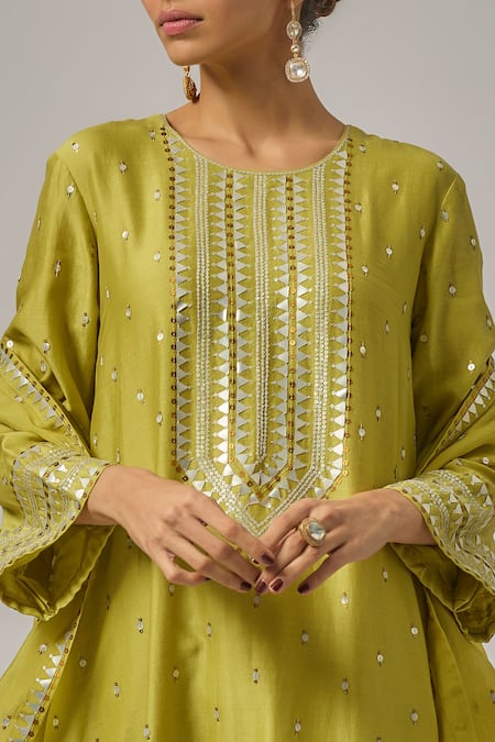 Shop_Priyal Prakash_Green Chanderi, Cotton, Viscose, Organza Sequins, Embroidery Round Kurta Set _Online_at_Aza_Fashions