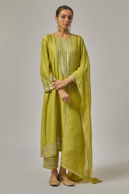 Priyal Prakash Green Chanderi, Cotton, Viscose, Organza Sequins, Embroidery Round Kurta Set