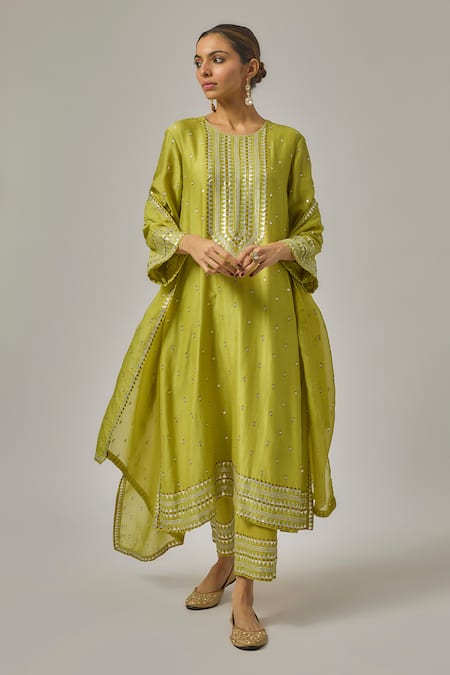 Priyal Prakash_Green Chanderi, Cotton, Viscose, Organza Sequins, Embroidery Round Kurta Set _at_Aza_Fashions