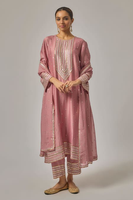 Priyal Prakash Pink Chanderi, Viscose, Organza Sequins, Zari, Embroidery Geometric Kurta Set
