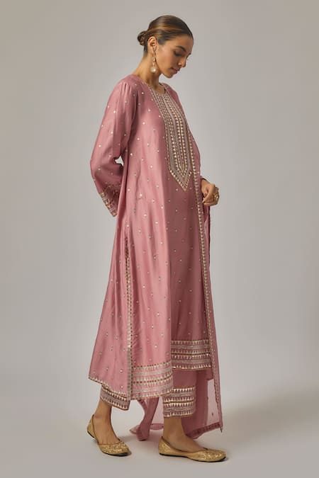 Shop_Priyal Prakash_Pink Chanderi, Viscose, Organza Sequins, Zari, Embroidery Geometric Kurta Set _Online_at_Aza_Fashions