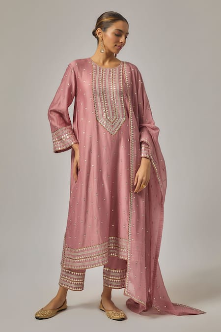 Priyal Prakash_Pink Chanderi, Viscose, Organza Sequins, Zari, Embroidery Geometric Kurta Set _at_Aza_Fashions