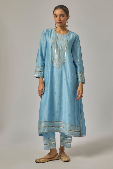 Priyal Prakash_Sky Blue Chanderi, Cotton, Viscose, Organza Sequins, Zari, Geometric Kurta Set _Online_at_Aza_Fashions