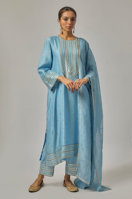 Priyal Prakash Sky Blue Chanderi, Cotton, Viscose, Organza Sequins, Zari, Geometric Kurta Set