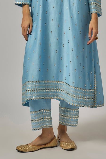 Shop_Priyal Prakash_Sky Blue Chanderi, Cotton, Viscose, Organza Sequins, Zari, Geometric Kurta Set _Online_at_Aza_Fashions