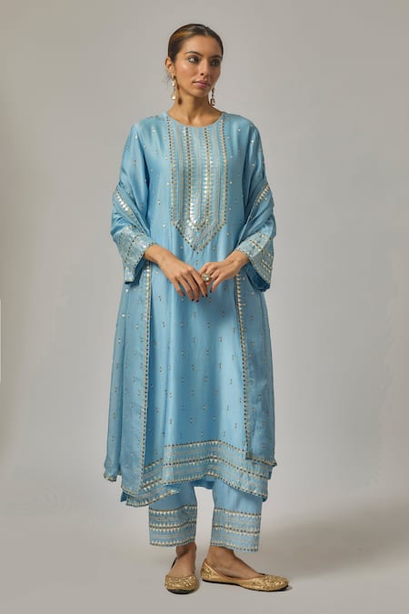 Priyal Prakash_Sky Blue Chanderi, Cotton, Viscose, Organza Sequins, Zari, Geometric Kurta Set _at_Aza_Fashions