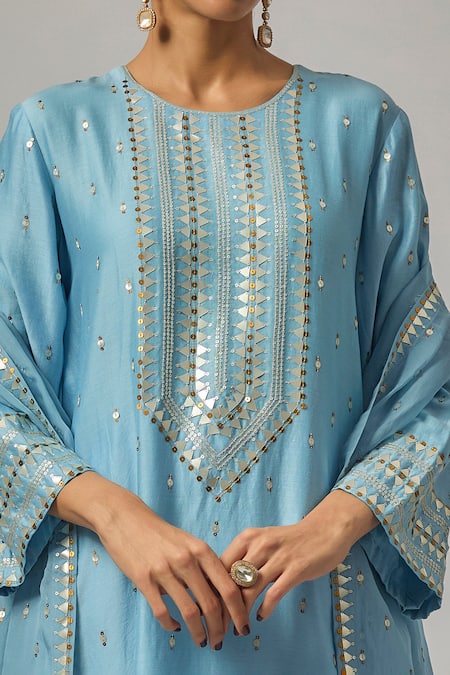Buy_Priyal Prakash_Sky Blue Chanderi, Cotton, Viscose, Organza Sequins, Zari, Geometric Kurta Set 