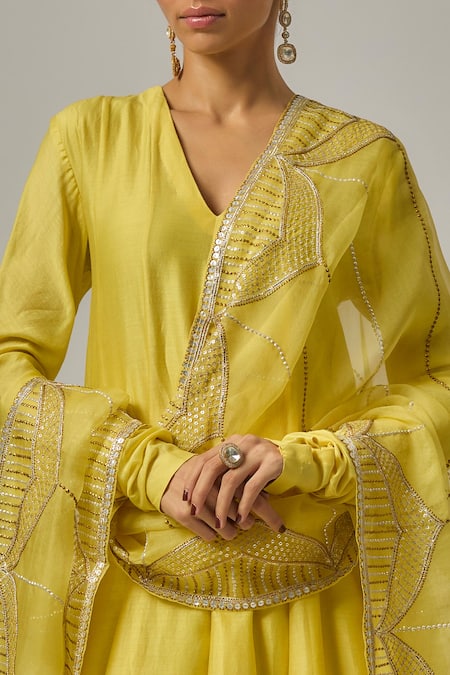 Priyal Prakash_Yellow Cotton, Silk Organza Embroidery, Sequins, Zari V-neck Anarkali Set _Online_at_Aza_Fashions