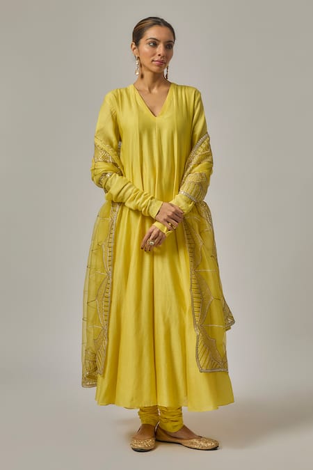 Buy_Priyal Prakash_Yellow Cotton, Silk Organza Embroidery, Sequins, Zari V-neck Anarkali Set _Online_at_Aza_Fashions