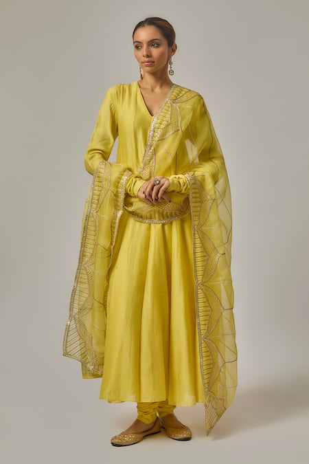 Shop_Priyal Prakash_Yellow Cotton, Silk Organza Embroidery, Sequins, Zari V-neck Anarkali Set _Online_at_Aza_Fashions
