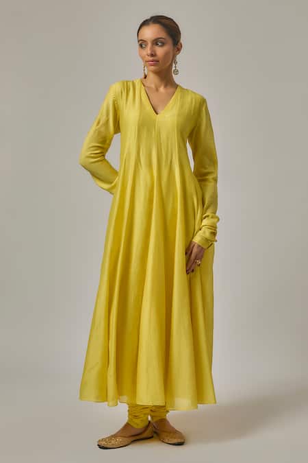 Priyal Prakash_Yellow Cotton, Silk Organza Embroidery, Sequins, Zari V-neck Anarkali Set _at_Aza_Fashions