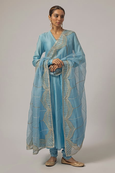 Buy_Priyal Prakash_Sky Blue Chanderi, Cotton, Silk Organza Sequins, Zari, Embroidery Anarkali Set _Online_at_Aza_Fashions