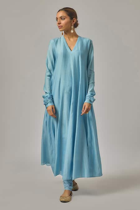 Shop_Priyal Prakash_Sky Blue Chanderi, Cotton, Silk Organza Sequins, Zari, Embroidery Anarkali Set _Online_at_Aza_Fashions