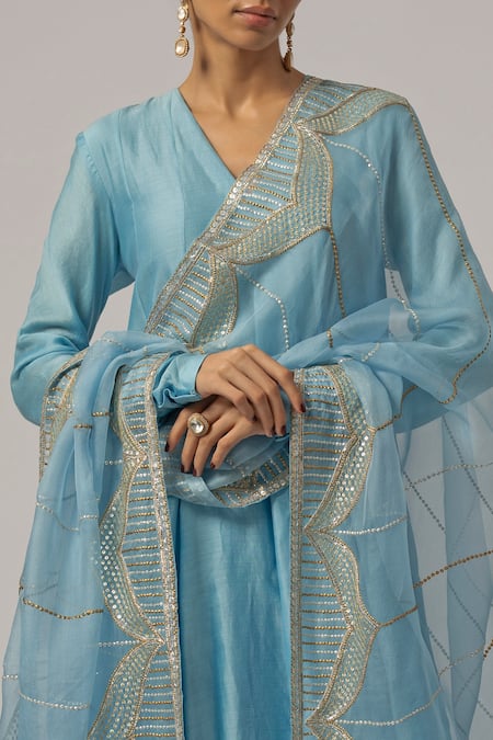 Priyal Prakash_Sky Blue Chanderi, Cotton, Silk Organza Sequins, Zari, Embroidery Anarkali Set _at_Aza_Fashions