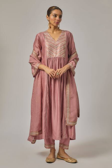 Priyal Prakash_Pink Chanderi, Viscose, Organza Sequins, Zari, Embroidery V-neck Yoke Kurta Set _Online_at_Aza_Fashions