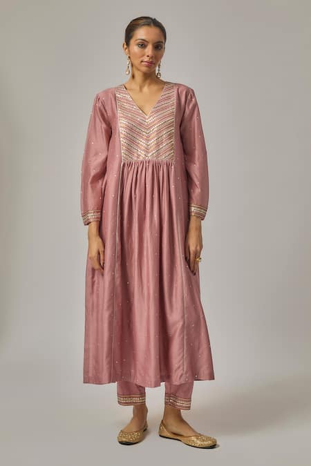 Buy_Priyal Prakash_Pink Chanderi, Viscose, Organza Sequins, Zari, Embroidery V-neck Yoke Kurta Set _Online_at_Aza_Fashions