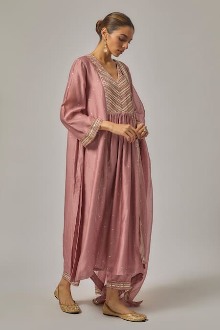 Shop_Priyal Prakash_Pink Chanderi, Viscose, Organza Sequins, Zari, Embroidery V-neck Yoke Kurta Set _Online_at_Aza_Fashions