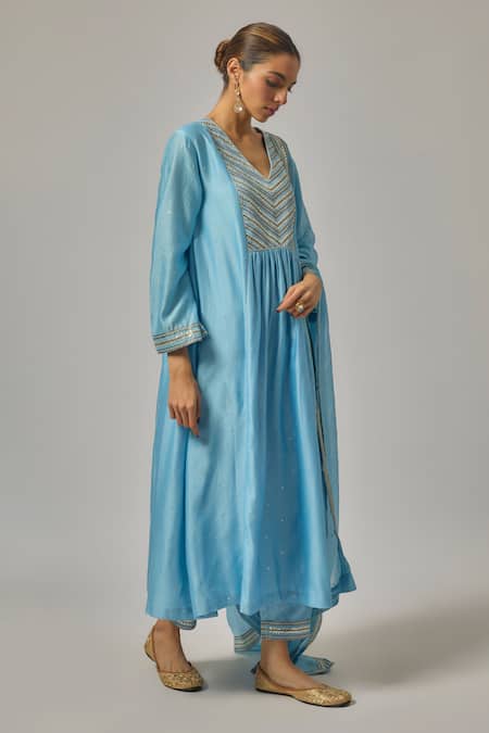 Buy_Priyal Prakash_Sky Blue Chanderi, Viscose, Organza Embroidery, Sequins V-neck Yoke Kurta Set _Online_at_Aza_Fashions