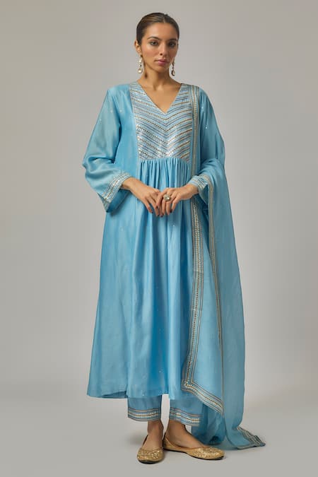 Priyal Prakash Sky Blue Chanderi, Viscose, Organza Embroidery, Sequins V-neck Yoke Kurta Set 