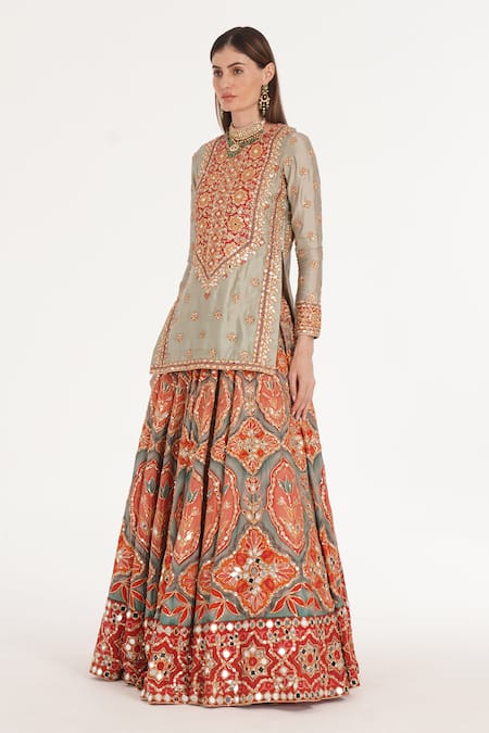 Abhinav Mishra_Orange Chanderi, Net Mirrors, Zari, Ruby Forest Smoke Kurta Lehenga Set _Online_at_Aza_Fashions