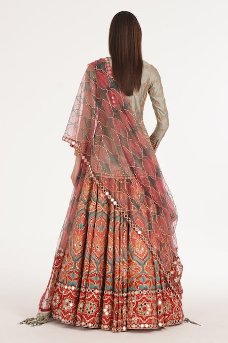 Abhinav Mishra Ruby Forest Smoke Embroidered Kurta Lehenga Set 