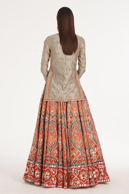 Buy_Abhinav Mishra_Orange Chanderi, Net Mirrors, Zari, Ruby Forest Smoke Kurta Lehenga Set _Online_at_Aza_Fashions