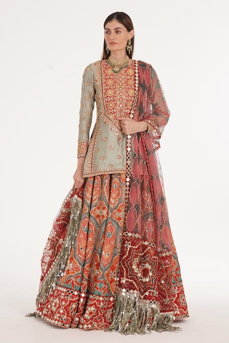 Abhinav Mishra Orange Chanderi, Net Mirrors, Zari, Ruby Forest Smoke Kurta Lehenga Set 