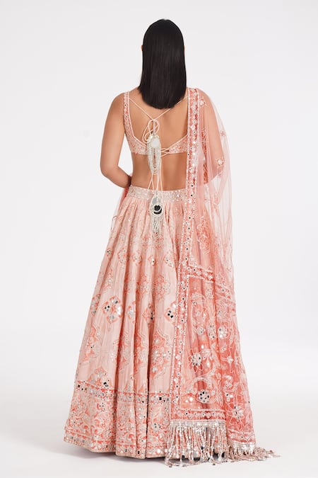 Abhinav Mishra Peach Quartz Chanderi Embroidered Lehenga Set 