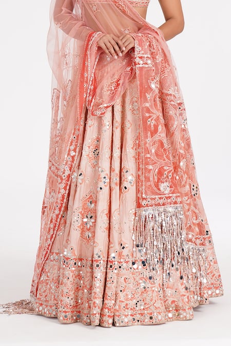 Abhinav Mishra_Peach Chanderi, Net Mirrors, Zari, Embroidery Sweetheart Quartz Lehenga Set _Online_at_Aza_Fashions