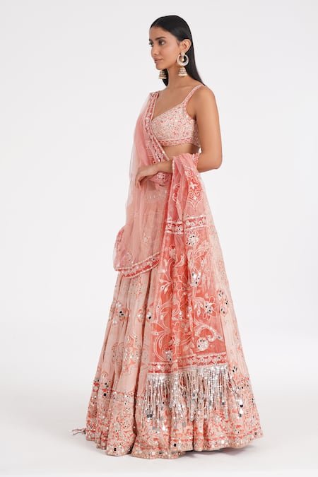 Buy_Abhinav Mishra_Peach Chanderi, Net Mirrors, Zari, Embroidery Sweetheart Quartz Lehenga Set _Online_at_Aza_Fashions