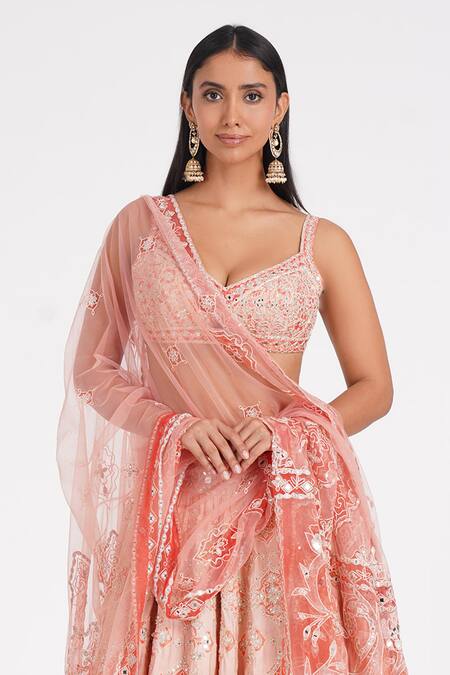 Shop_Abhinav Mishra_Peach Chanderi, Net Mirrors, Zari, Embroidery Sweetheart Quartz Lehenga Set _Online_at_Aza_Fashions