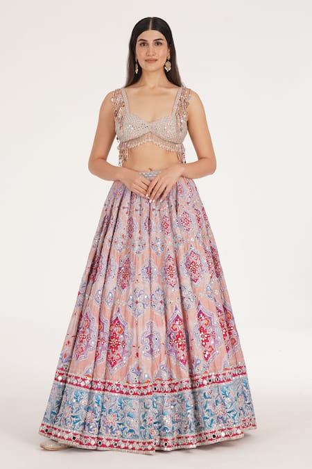 Abhinav Mishra_Peach Chanderi, Net Mirrors, Zari, Embroidery, Metallic Ucla Lehenga Set _Online_at_Aza_Fashions
