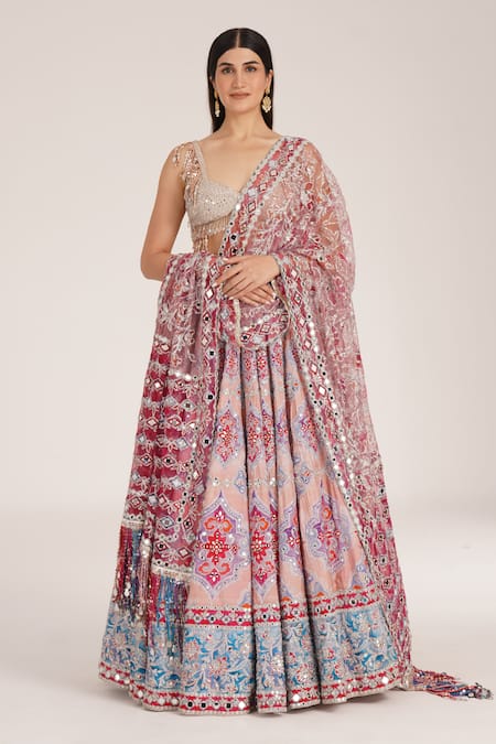 Abhinav Mishra Peach Chanderi, Net Mirrors, Zari, Embroidery, Metallic Ucla Lehenga Set 