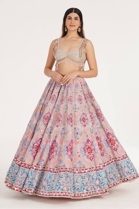 Buy_Abhinav Mishra_Peach Chanderi, Net Mirrors, Zari, Embroidery, Metallic Ucla Lehenga Set _Online_at_Aza_Fashions