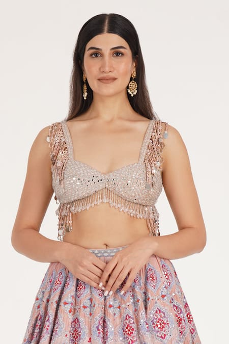 Shop_Abhinav Mishra_Peach Chanderi, Net Mirrors, Zari, Embroidery, Metallic Ucla Lehenga Set _Online_at_Aza_Fashions