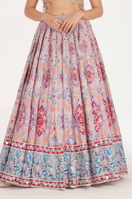 Abhinav Mishra_Peach Chanderi, Net Mirrors, Zari, Embroidery, Metallic Ucla Lehenga Set _at_Aza_Fashions