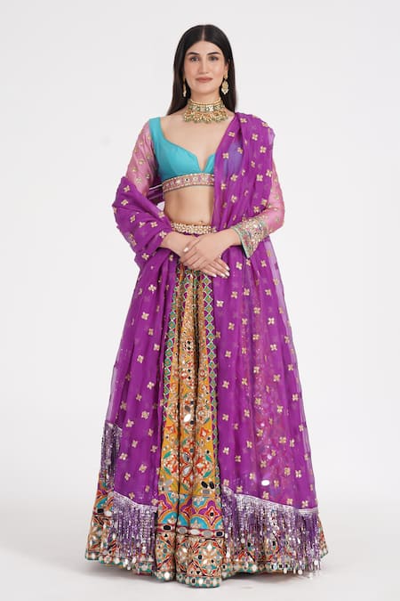 Abhinav Mishra Multi Color Chanderi, Net Mirrors, Zari, Embroidery Tangerine Hues Lehenga Set 