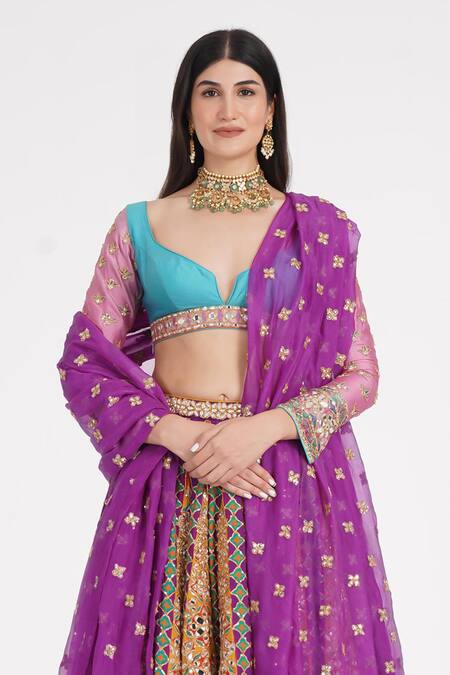 Abhinav Mishra_Multi Color Chanderi, Net Mirrors, Zari, Embroidery Tangerine Hues Lehenga Set _Online_at_Aza_Fashions