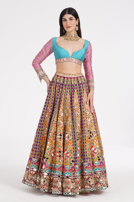 Buy_Abhinav Mishra_Multi Color Chanderi, Net Mirrors, Zari, Embroidery Tangerine Hues Lehenga Set _Online_at_Aza_Fashions