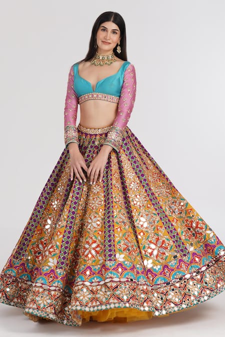 Shop_Abhinav Mishra_Multi Color Chanderi, Net Mirrors, Zari, Embroidery Tangerine Hues Lehenga Set _Online_at_Aza_Fashions