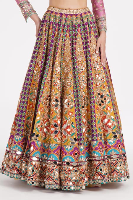 Abhinav Mishra_Multi Color Chanderi, Net Mirrors, Zari, Embroidery Tangerine Hues Lehenga Set _at_Aza_Fashions